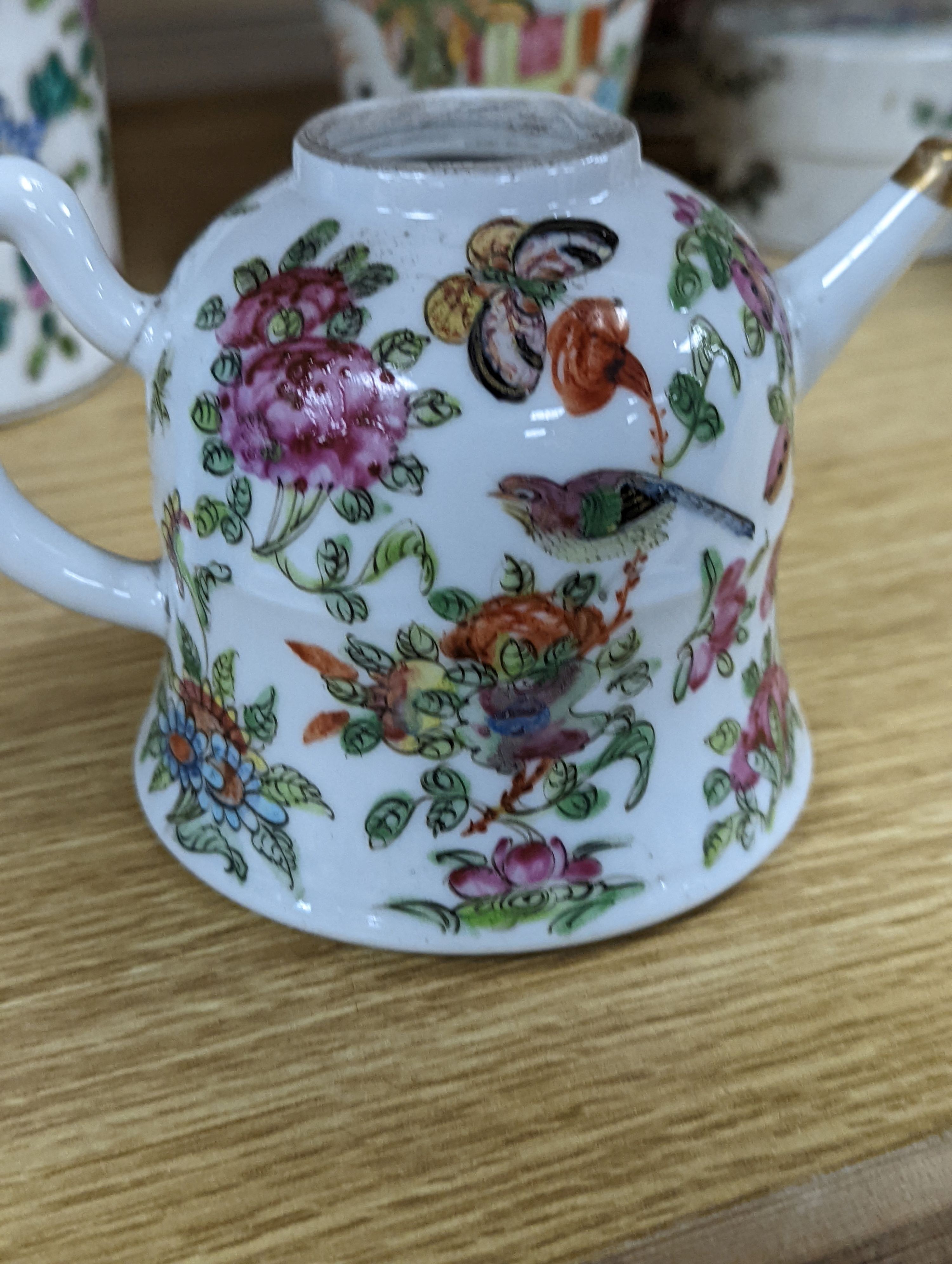 A group of Chinese famille rose vases and jars, a box and cover and a teapot, 19th/20th century, Pair of vases 13 cms high.